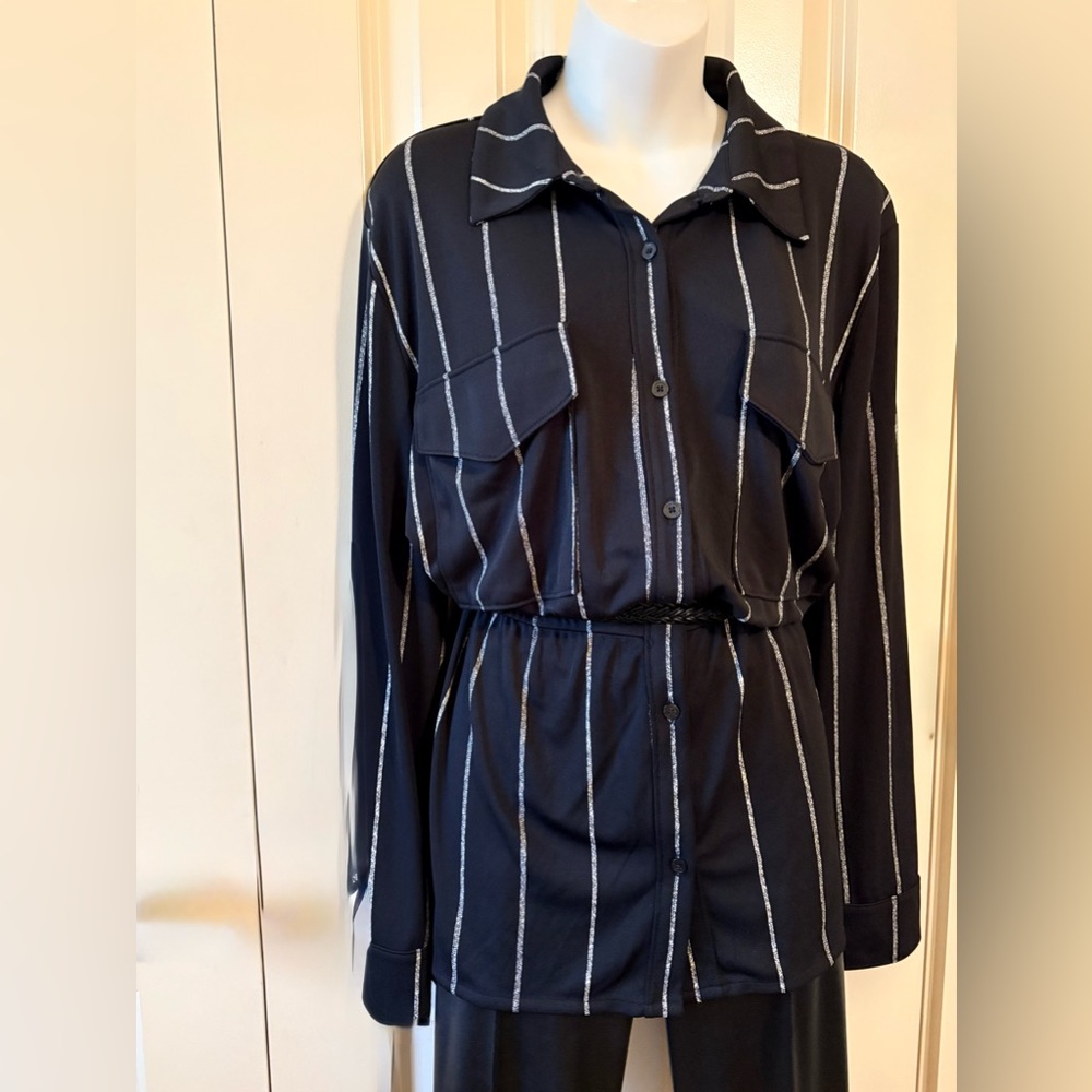 Alfani Black Button-Front Long Sleeve Blouse with White Pinstripes